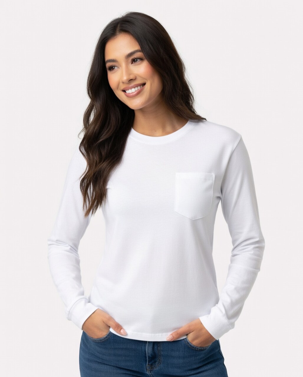Gildan® Classic Fit Long Sleeve Crewneck Pocket T-Shirt Cotton Blend Durable Tee